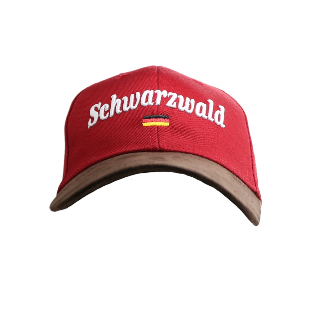 Rote Leder-Cap mit Schwarzwald-Motiv auf der Vorderseite – Germany Souvenir