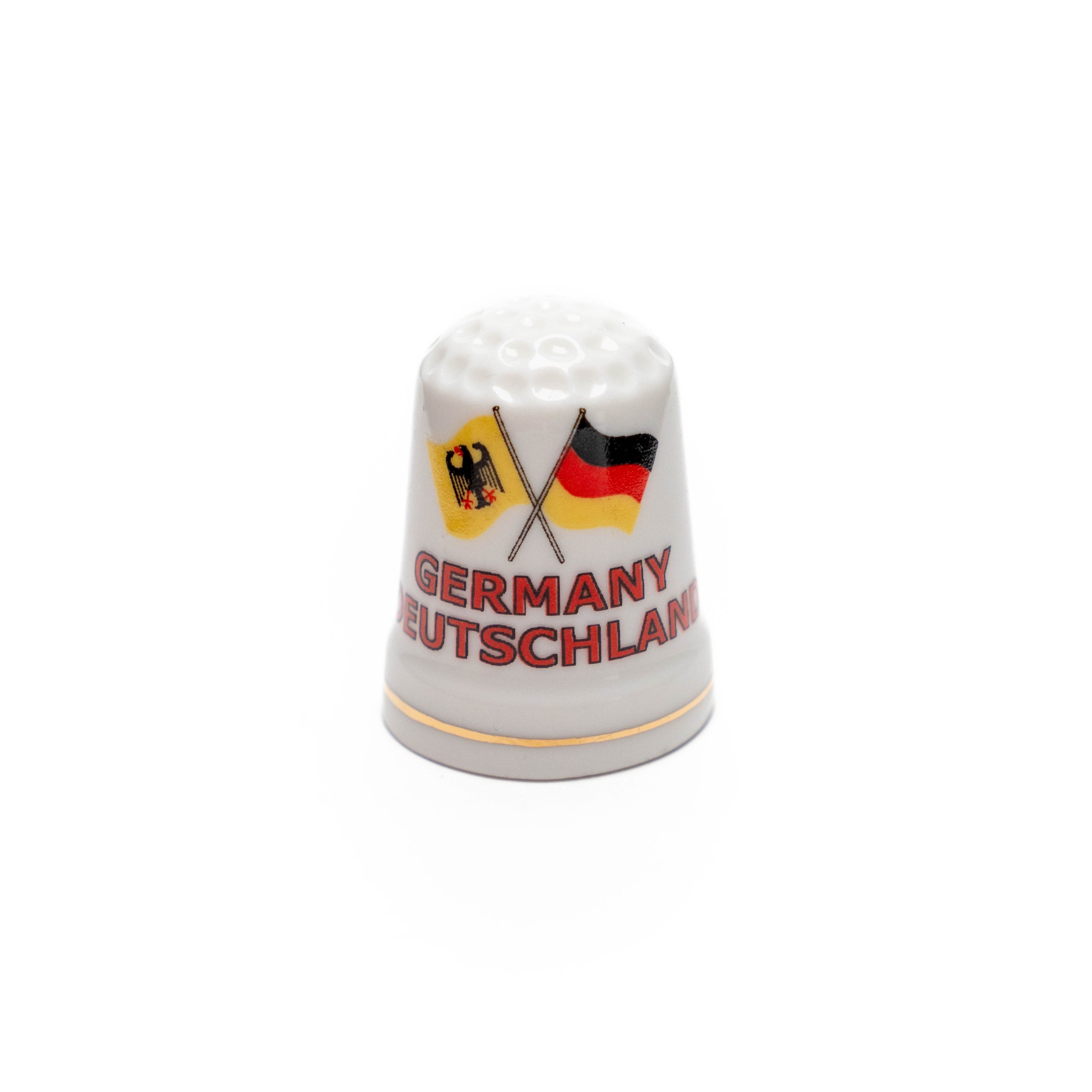 Amend Souvenir Porzellan-Fingerhut mit gekreuzten Deutschland-Flaggen und Adler – Sammelobjekt Deutschland Souvenir