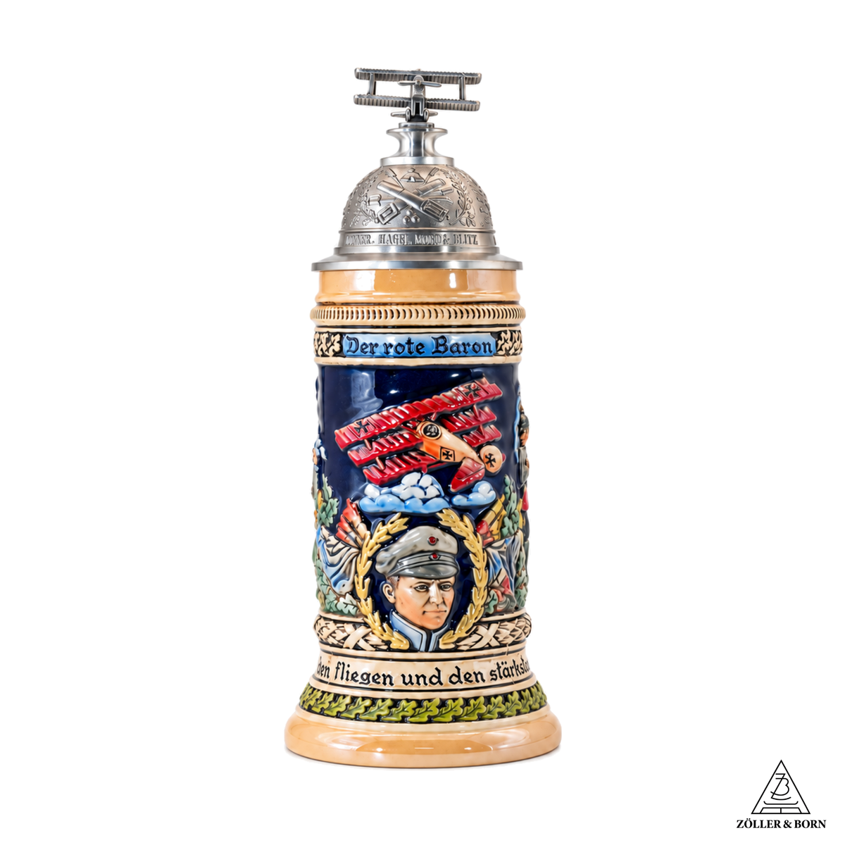 Amend Souvenir Bierkrug Roter Baron mit Flugzeug-Zinndeckel (0,5L)