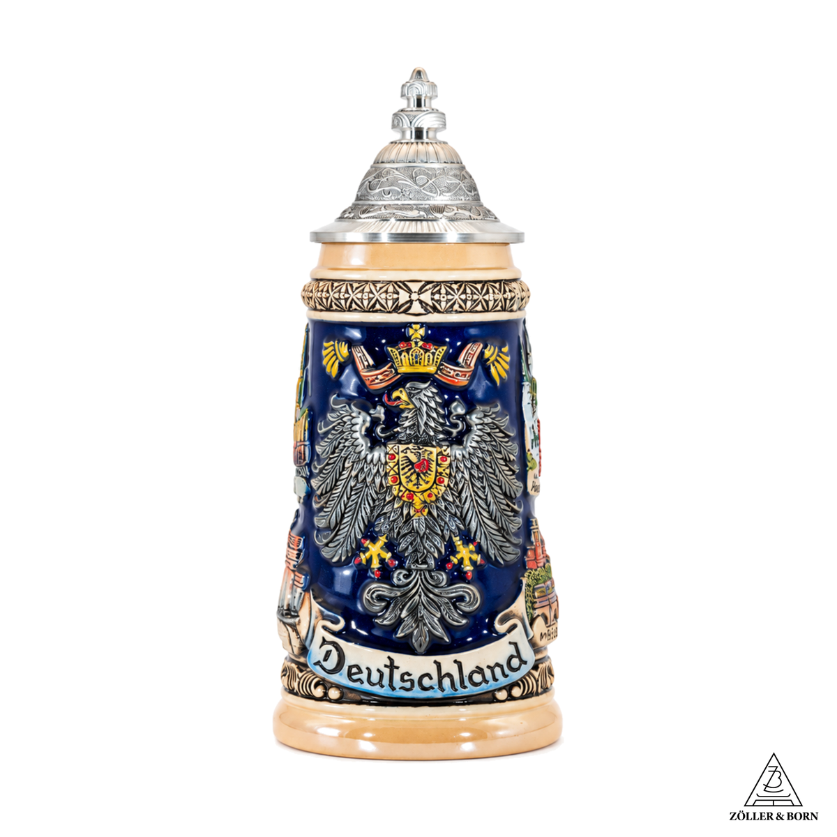 Amend Souvenir Bierkrug Deutschland Adler mit Städte-Panorama und Zinndeckel (0,25L)