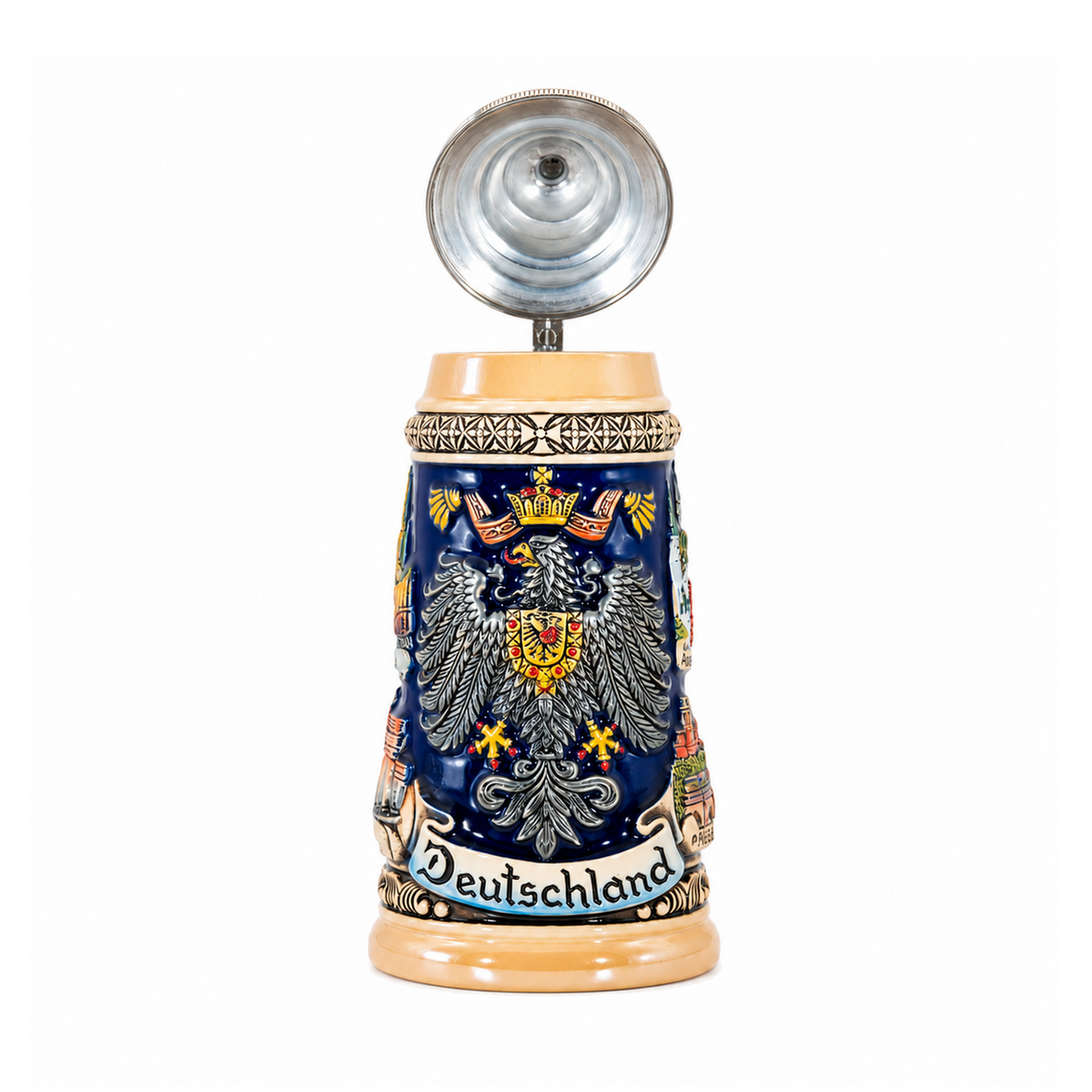 Amend Souvenir Bierkrug Deutschland Adler mit Städte-Panorama und Zinndeckel (0,25L)