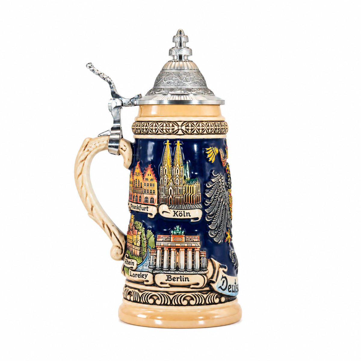Amend Souvenir Bierkrug Deutschland Adler mit Städte-Panorama und Zinndeckel (0,25L)