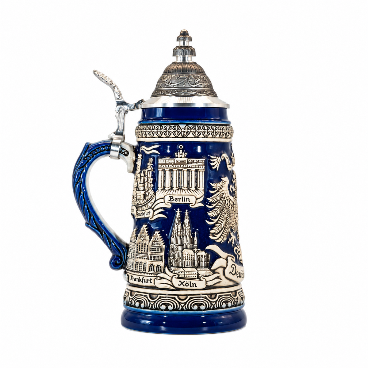 Amend Souvenir Bierkrug Deutschland Adler Städte Altblau mit Zinndeckel (0,5L)