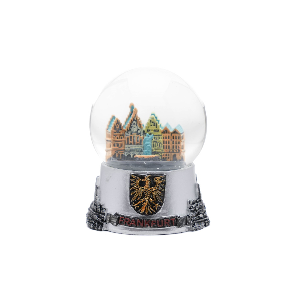 Kleine Schneekugel mit Frankfurt-Motiv in Silber – Deutschland Souvenir