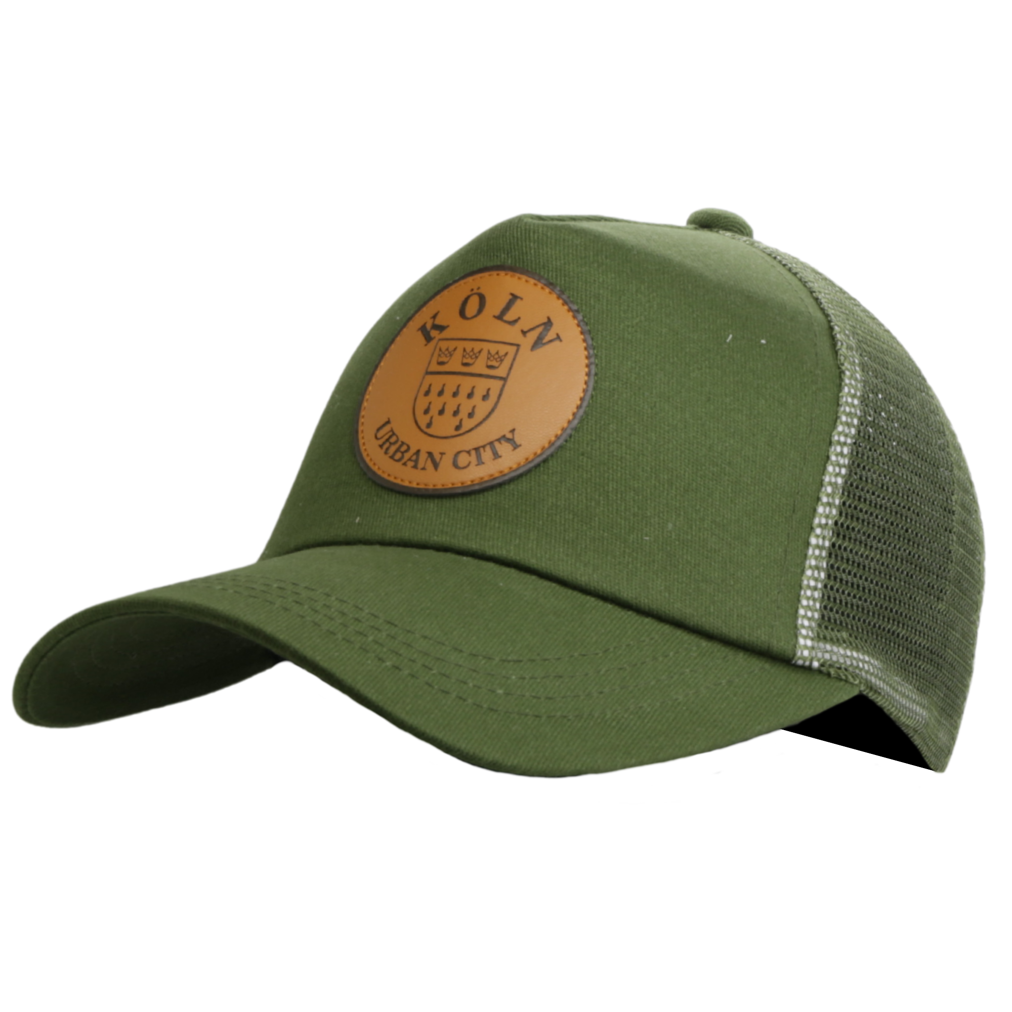 Olivgrüne Trucker-Cap mit Mesh-Einsatz und Köln-Urban-City-Patch – Germany Souvenir