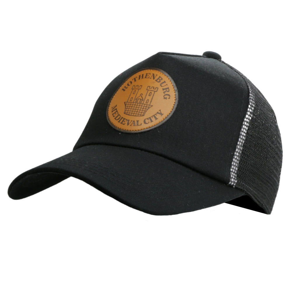 Schwarze Trucker-Cap mit Netzrückseite und „Rothenburg Medieval City“-Burg-Patch – Deutschland Souvenir