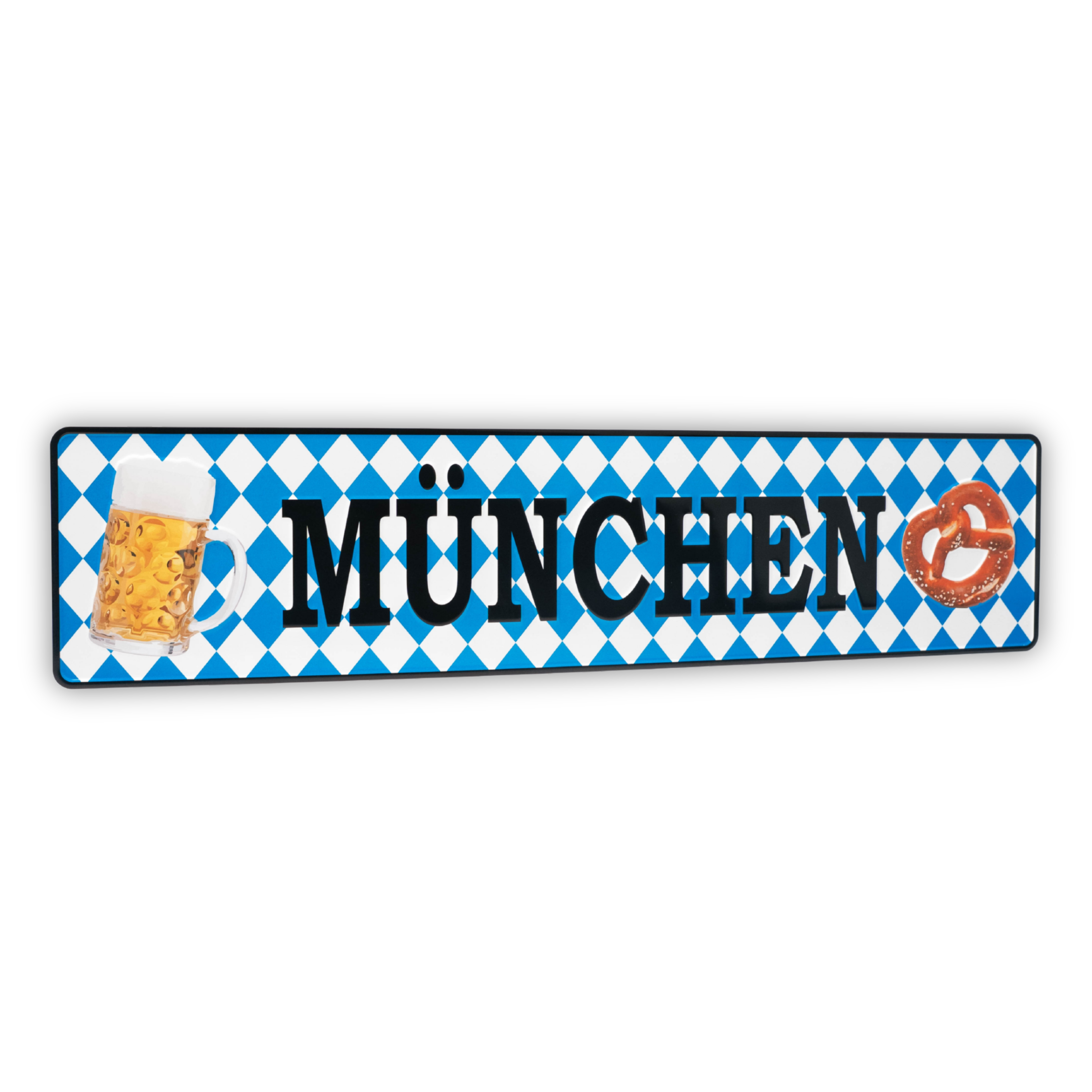 Autoschild mit München Schriftzug und Bier und Brezel als Motiv in den Farben blau-weiß - Deutschland Souvenir