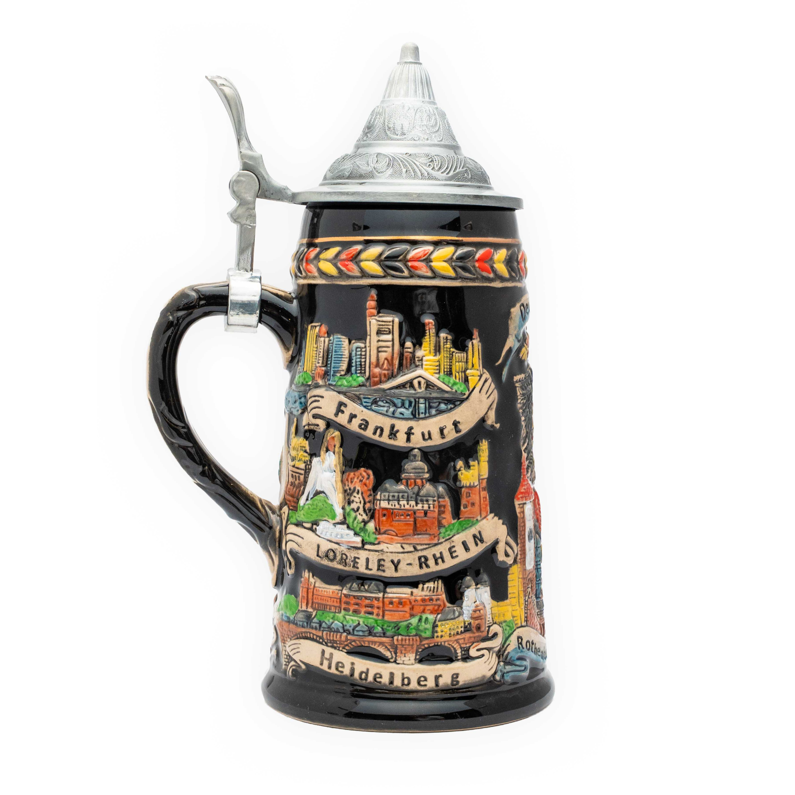 Großer, schwarzer Bierkrug mit Ländermotiven - Deutschland Souvenir