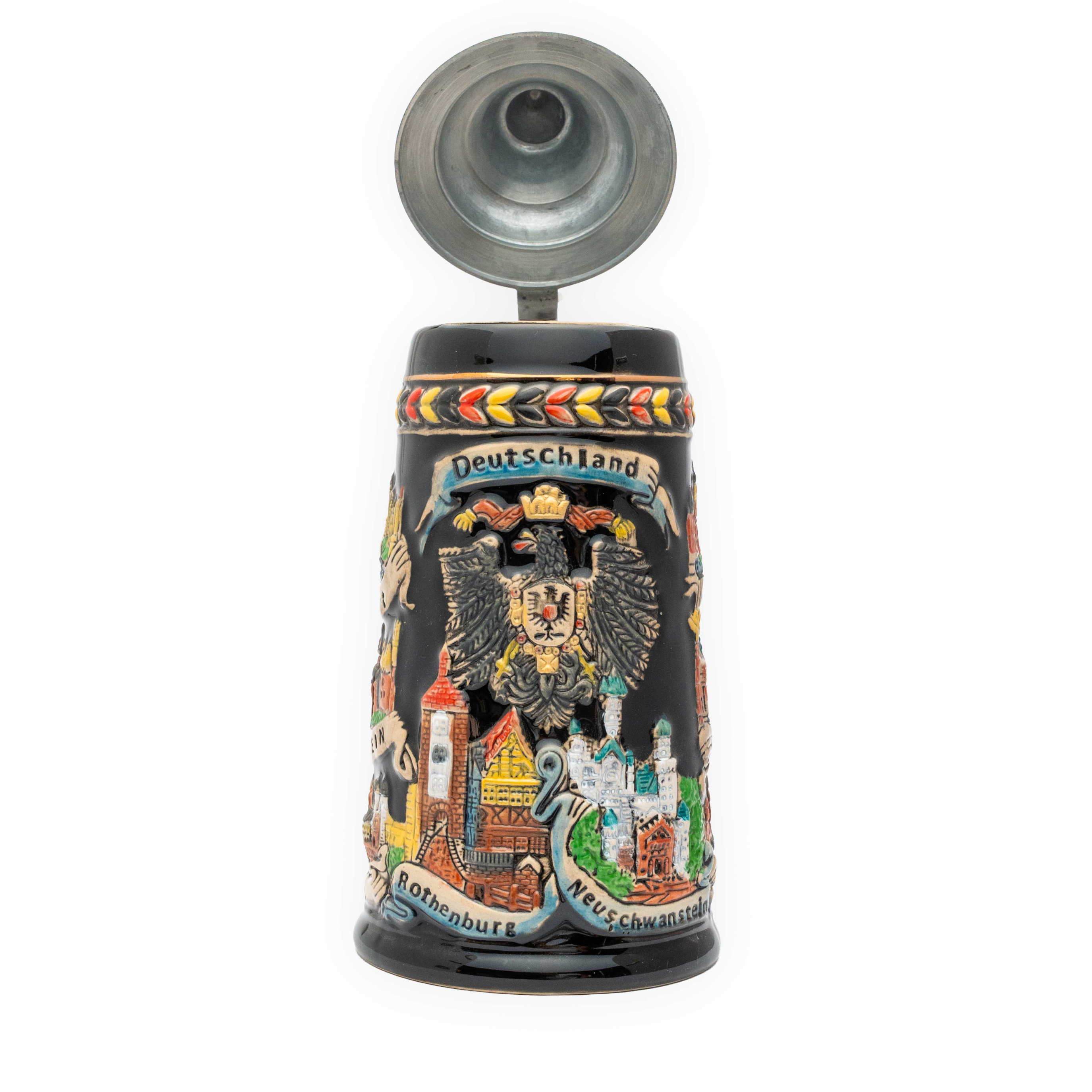 Großer, schwarzer Bierkrug mit Ländermotiven - Deutschland Souvenir