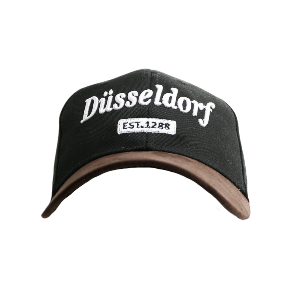 Schwarze Leder-Cap mit Düsseldorf-Motiv auf der Vorderseite – Germany Souvenir