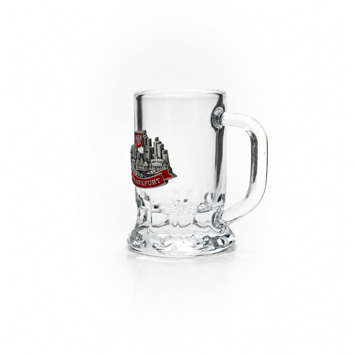 Mini-Glasseidel 2 cl Schnapsglas mit Frankfurt Skyline Metall-Wappen – Bierglas / Shotglas Deutschland Souvenir