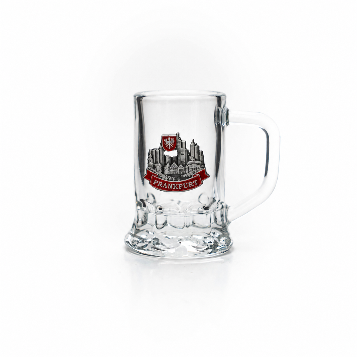 Mini-Glasseidel 2 cl Schnapsglas mit Frankfurt Skyline Metall-Wappen – Bierglas / Shotglas Deutschland Souvenir