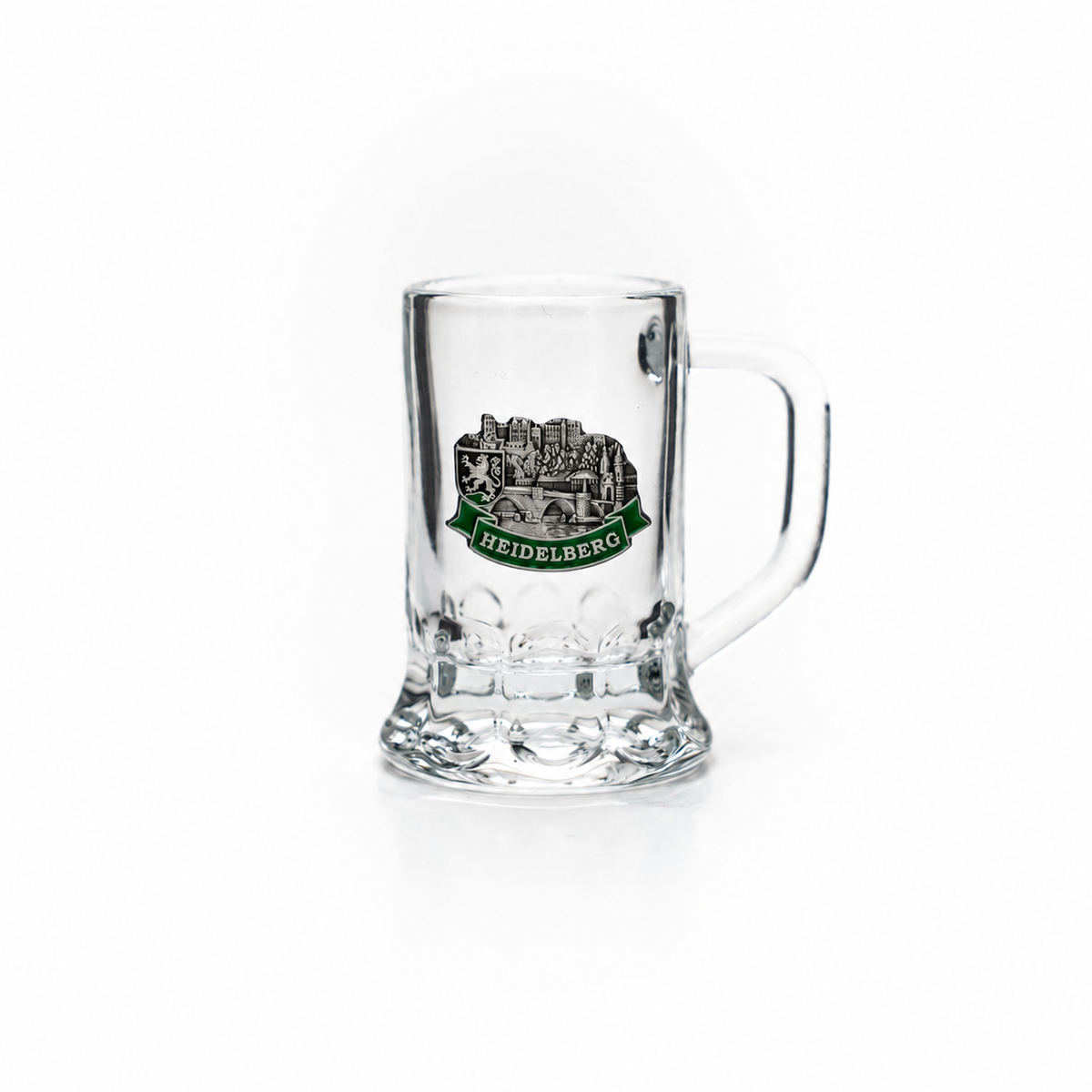 Mini-Glasseidel 2 cl Schnapsglas mit Heidelberg-Metall-Wappen – Bierglas / Shotglas Deutschland Souvenir