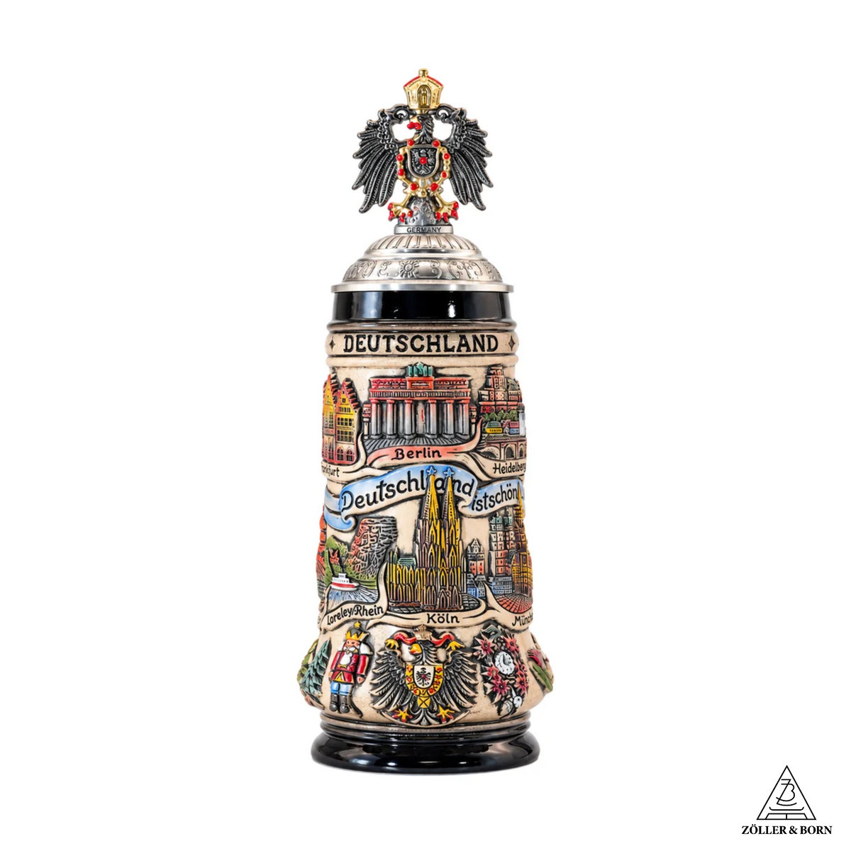 Bierkrug Panorama Deutschland mit Adler-Zinndeckel (0,5L)