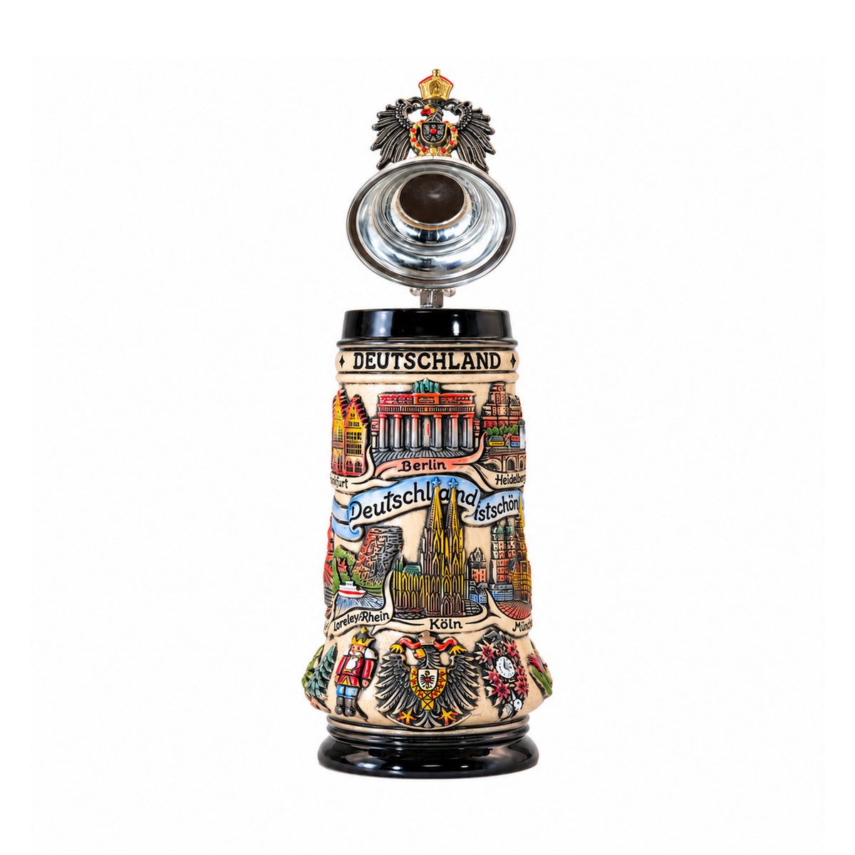 Bierkrug Panorama Deutschland mit Adler-Zinndeckel (0,5L)