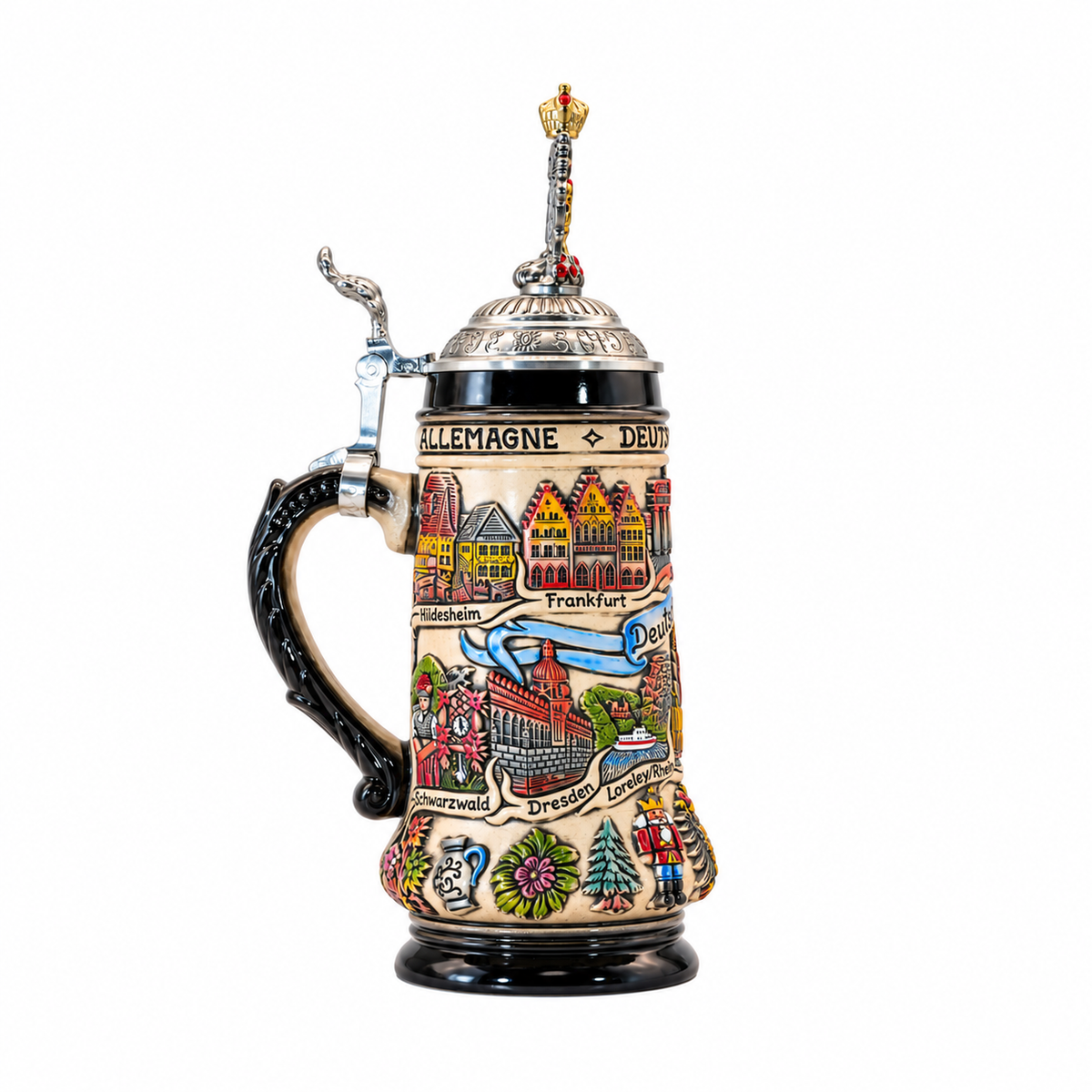 Bierkrug Panorama Deutschland mit Adler-Zinndeckel (0,5L)