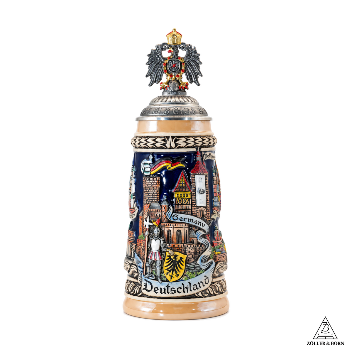 Bierkrug Panorama Deutschland mit Adler-Zinndeckel (0,5L)