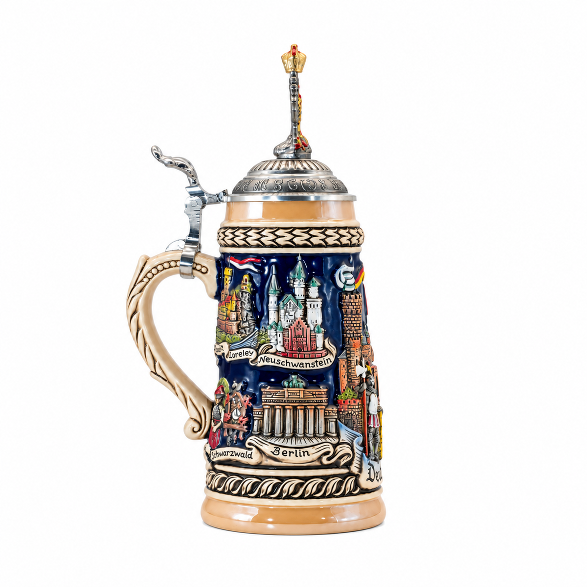 Bierkrug Panorama Deutschland mit Adler-Zinndeckel (0,5L)