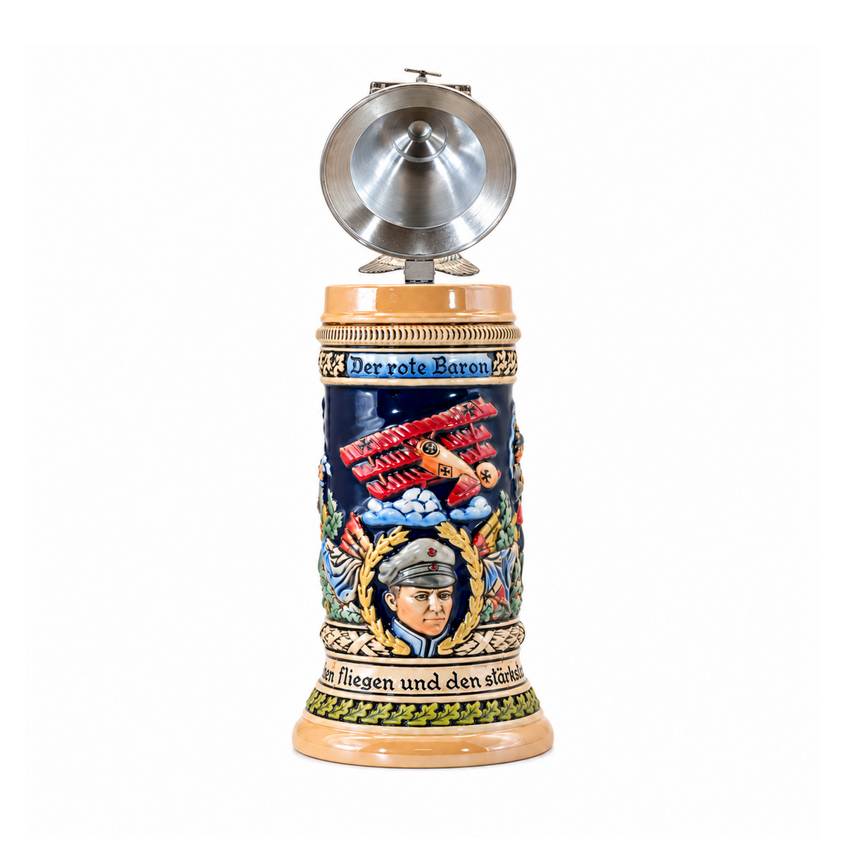 Bierkrug Roter Baron mit Flugzeug-Zinndeckel (0,5L)