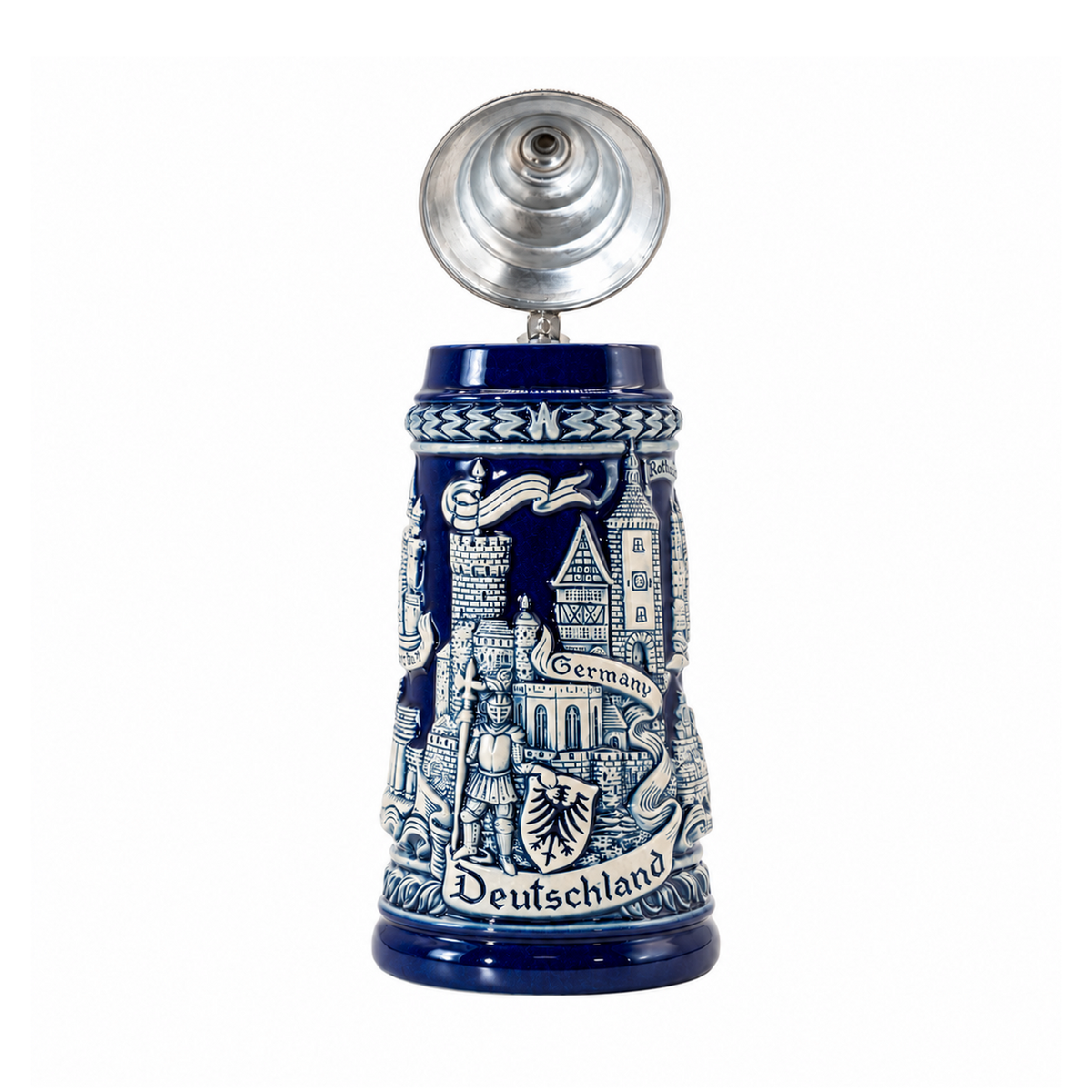 Bierkrug Panorama Deutschland Altblau mit Zinndeckel (0,5L)
