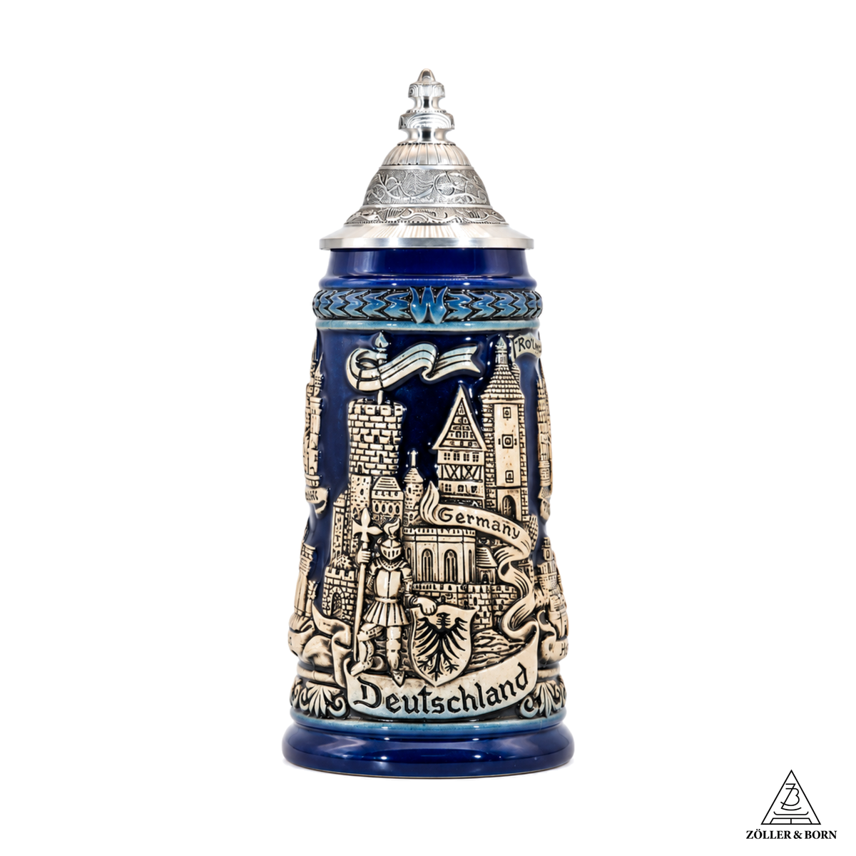 Bierkrug Panorama Deutschland Altblau mit Zinndeckel (0,25L)