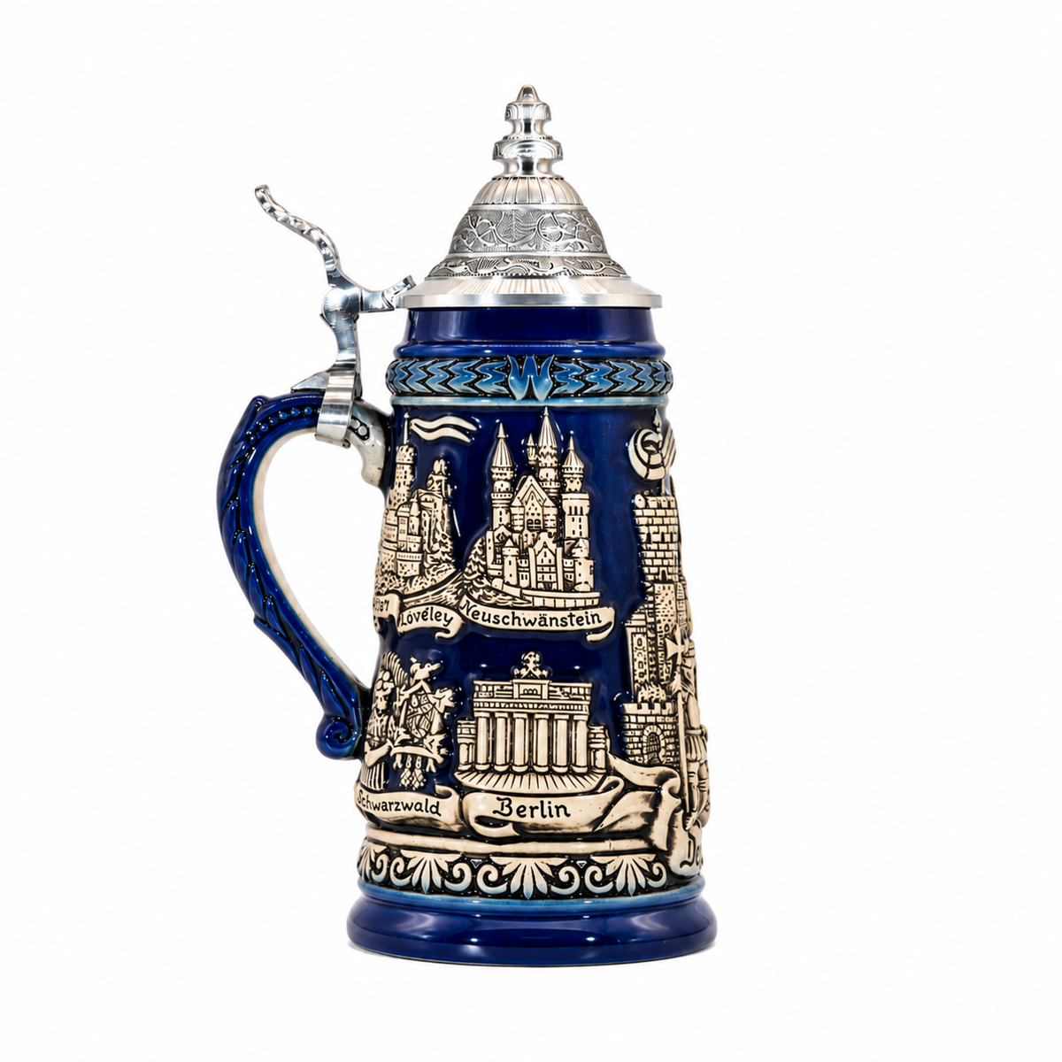 Bierkrug Panorama Deutschland Altblau mit Zinndeckel (0,25L)