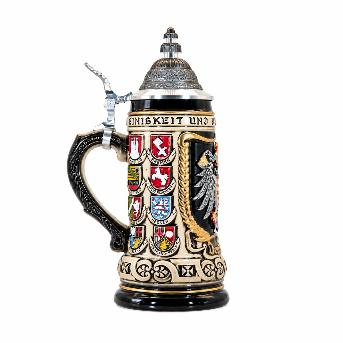 Bierkrug Deutschland Adler mit Wappen und Zinndeckel (0,5L)