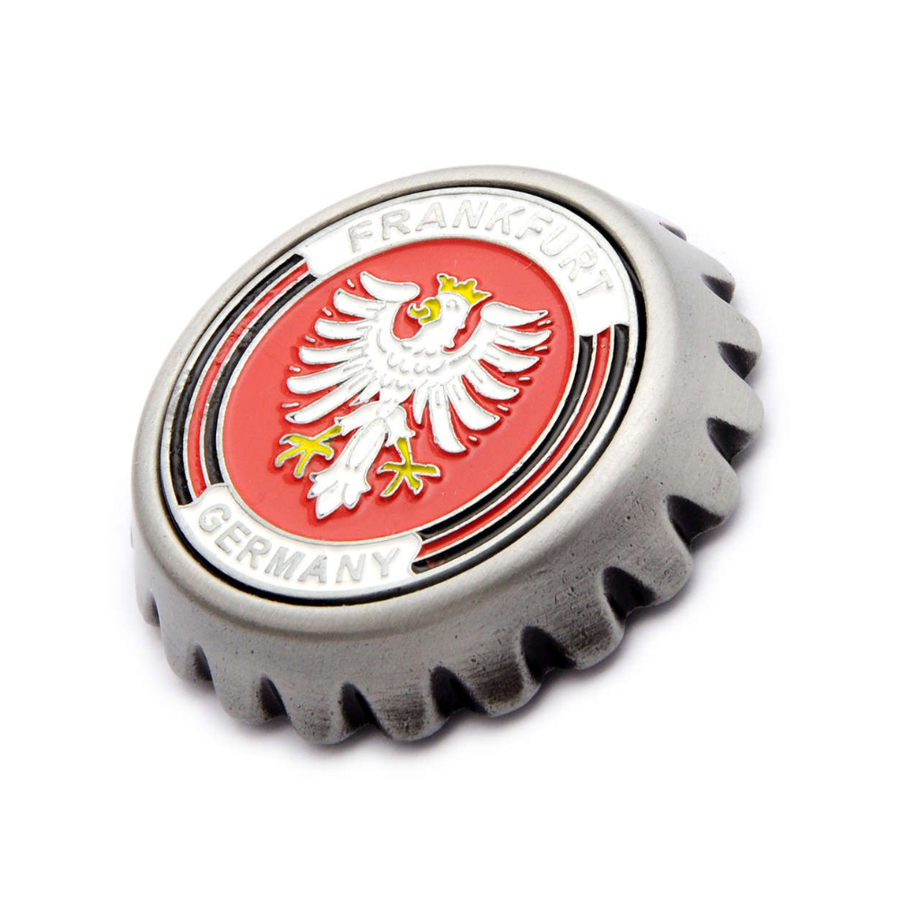 Magnet in Bierkapsel-Optik mit Frankfurt-Motiv – Deutschland Souvenir