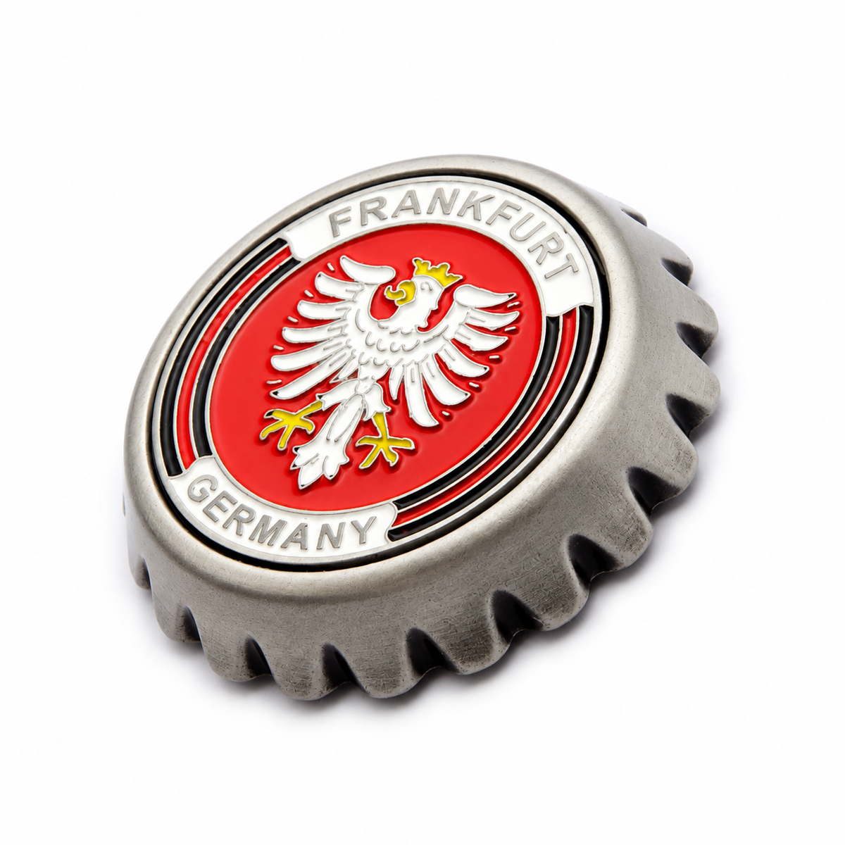 Magnet in Bierkapsel-Optik mit Frankfurt-Motiv – Deutschland Souvenir
