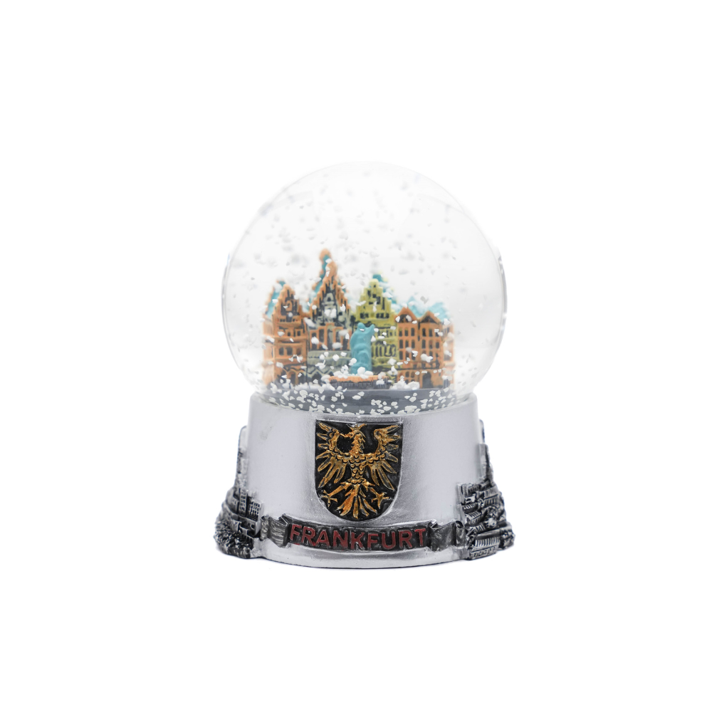 Kleine Schneekugel mit Frankfurt-Motiv in Silber – Deutschland Souvenir