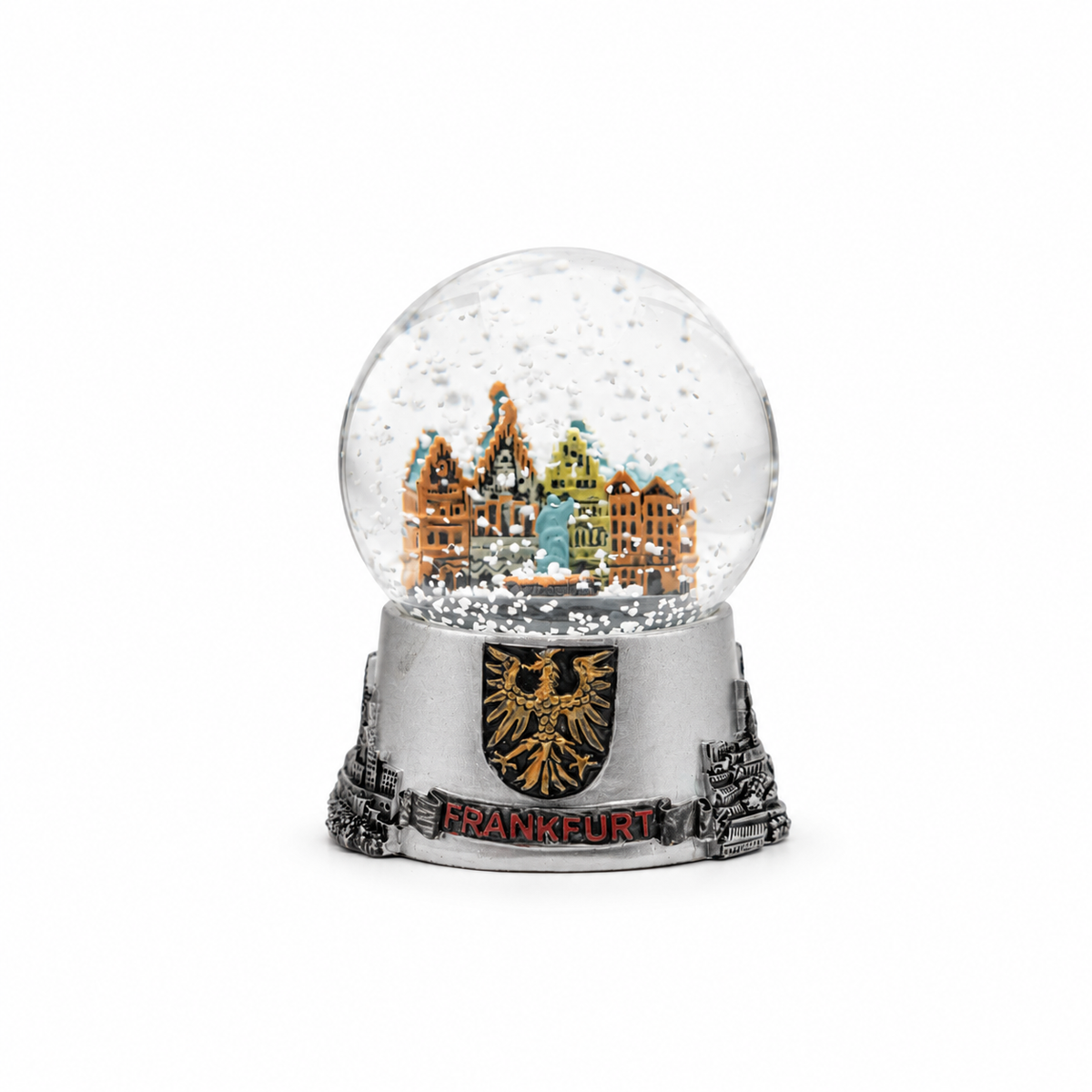 Kleine Schneekugel mit Frankfurt-Motiv in Silber – Deutschland Souvenir