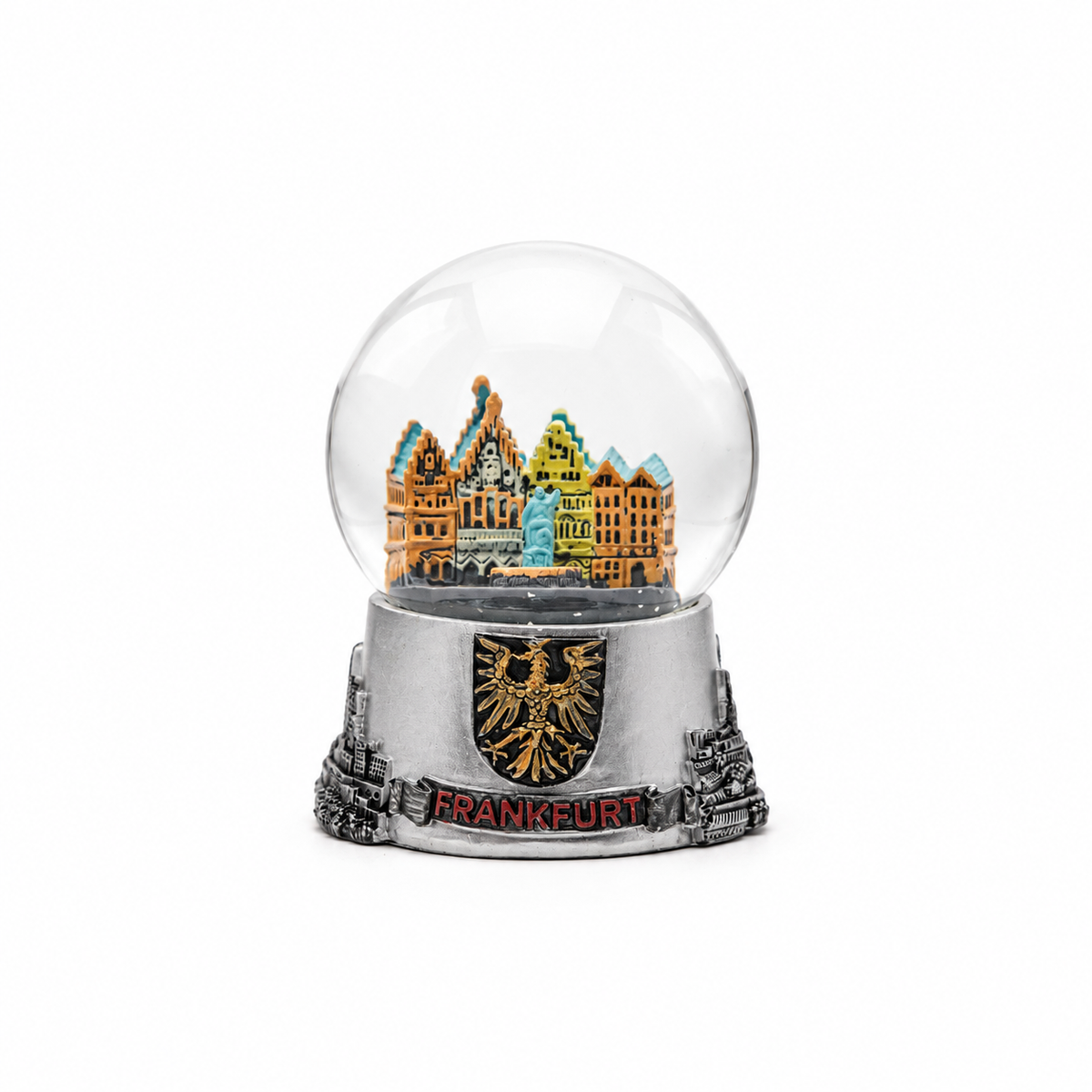 Kleine Schneekugel mit Frankfurt-Motiv in Silber – Deutschland Souvenir