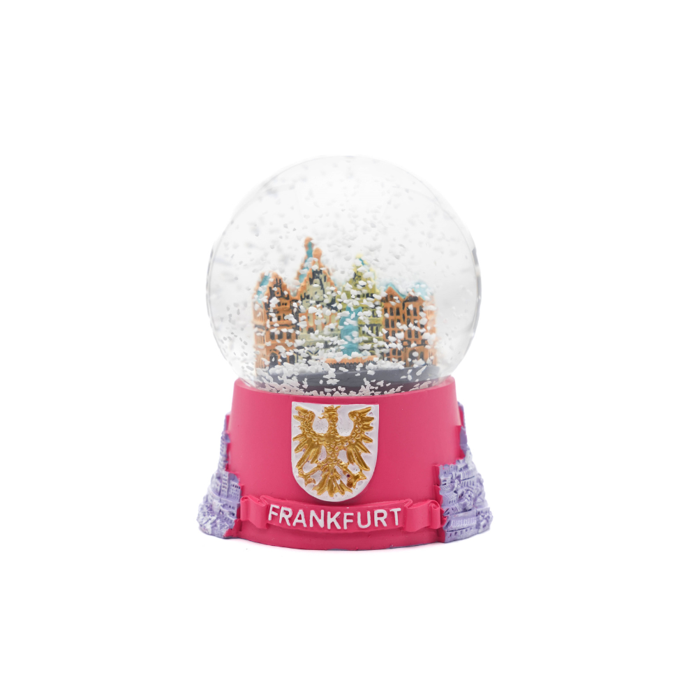Kleine Schneekugel mit Frankfurt-Motiv in Pink – Deutschland Souvenir