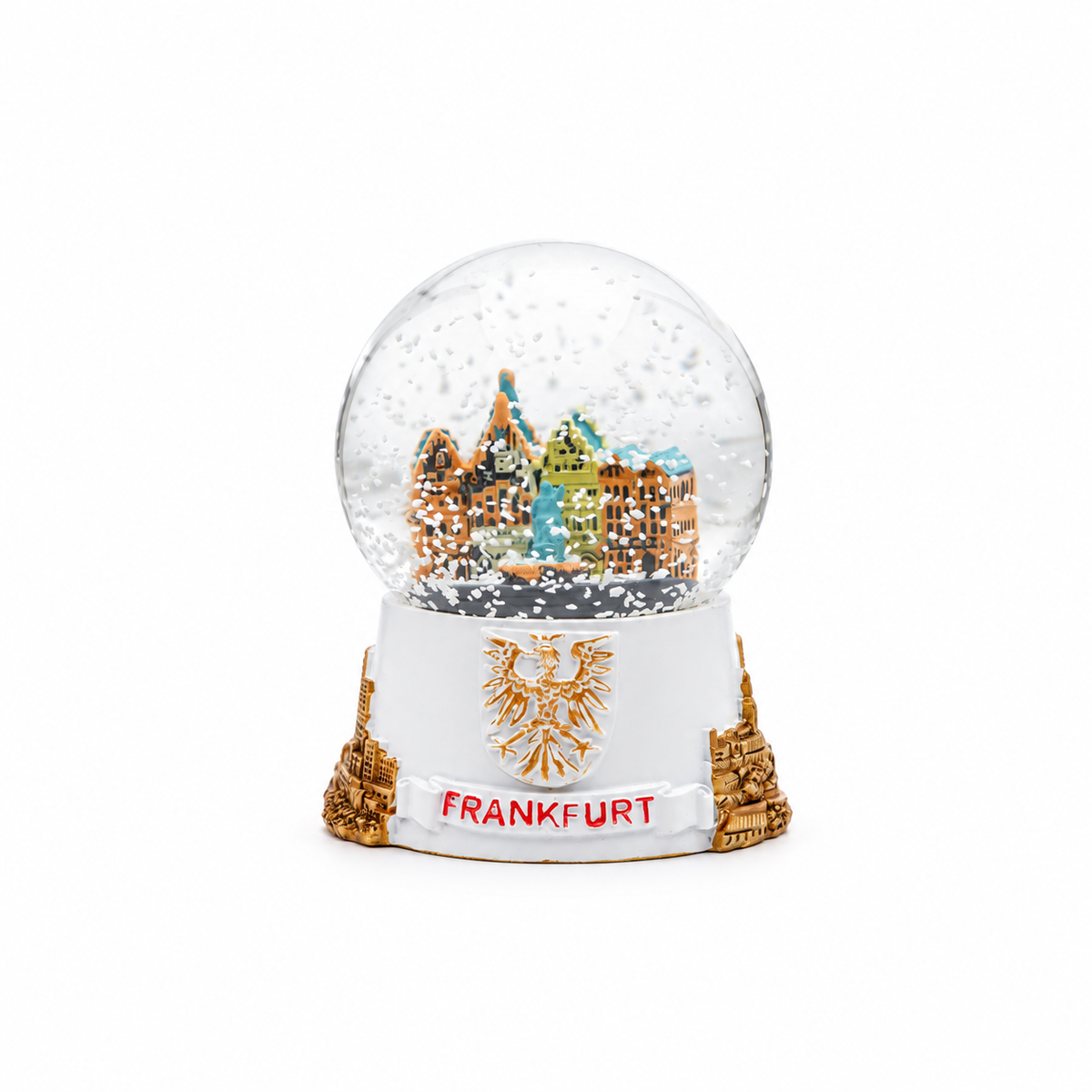Kleine Schneekugel mit Frankfurt-Motiv in Weiß – Deutschland Souvenir