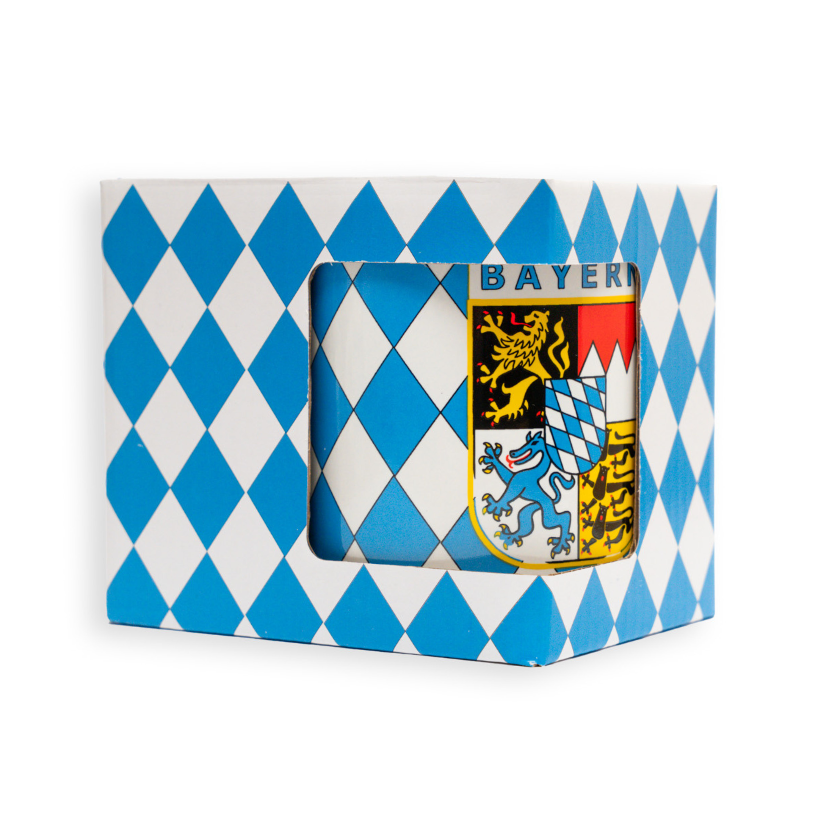 Bayern-Tasse in den Farben des Wappens mit dem Wappen als zentrales Motiv - Deutschland Souvenir
