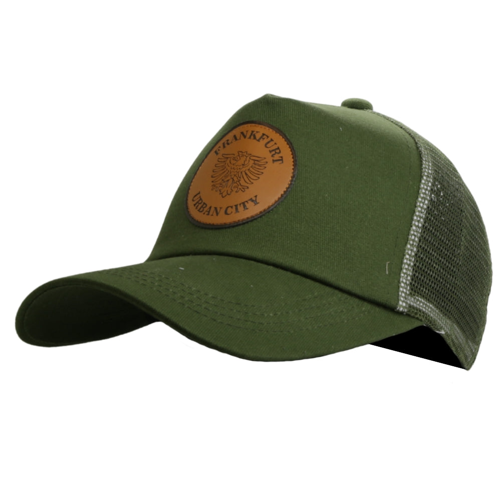 Olivgrüne Trucker-Cap mit Mesh-Einsatz und Frankfurt-Urban-City-Adler-Patch – Germany Souvenir